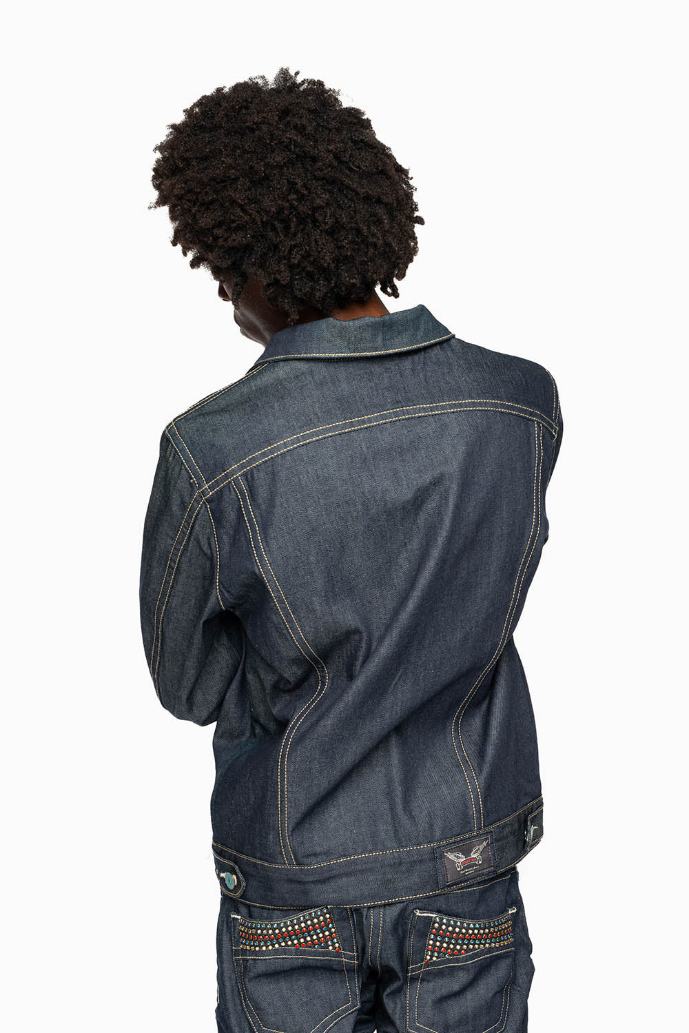 MEN’S DENIM RAW JEAN JACKET  WITH MULTI COLOR CRYSTALS