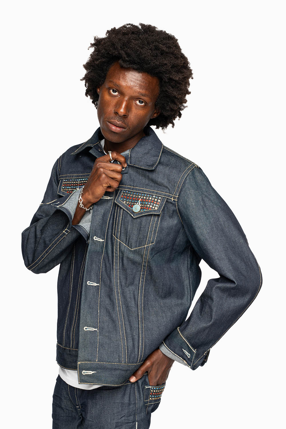 MEN’S DENIM RAW JEAN JACKET  WITH MULTI COLOR CRYSTALS