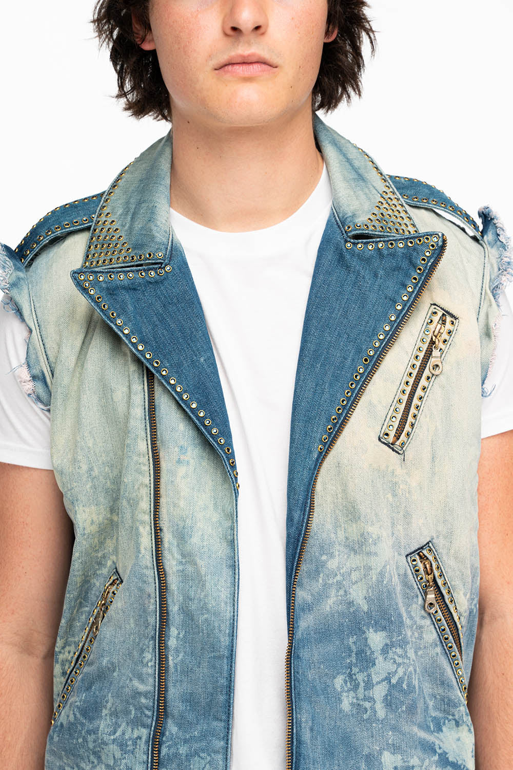 RAW EDGE BIKER VEST IN VINTAGE BLUE WITH CRYSTALS