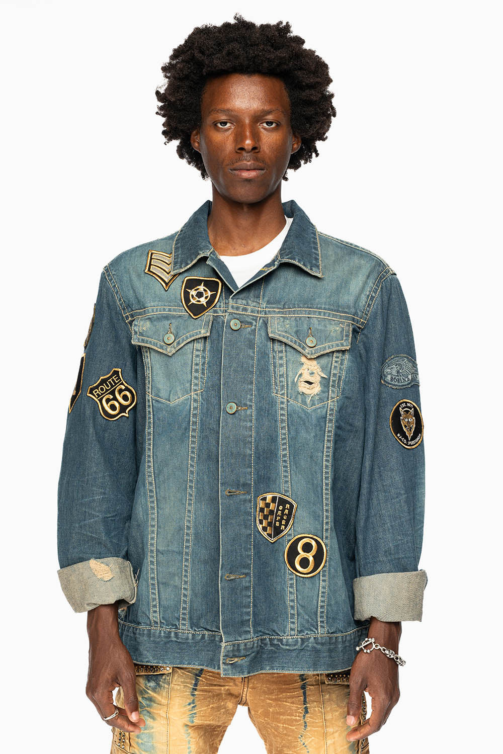 ROBINS MOTORCYCLE CLUB DENIM JACKET IN SMOKY BLUE BROKEN WASH WITH MULTIPLE  PATCHES