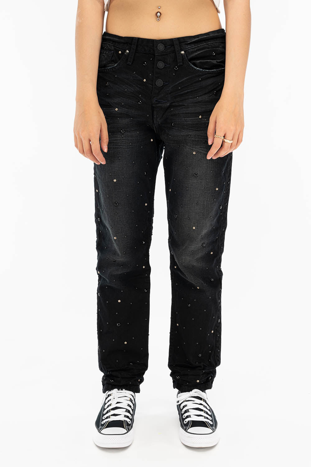 BOYFRIEND JEANS IN F_ED UP BLACK BROKEN WASH WITH BLACK AND SILVER STUDS