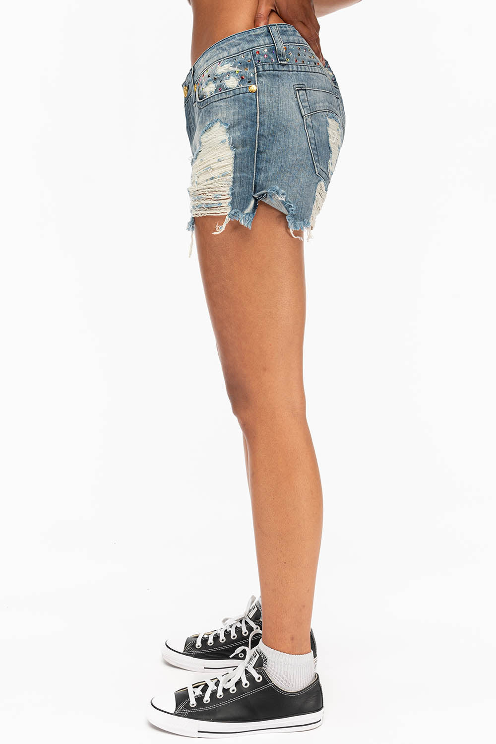 DESTROYED DENIM SHORTS WITH MULITCOLR CRYSTALS IN BLUE