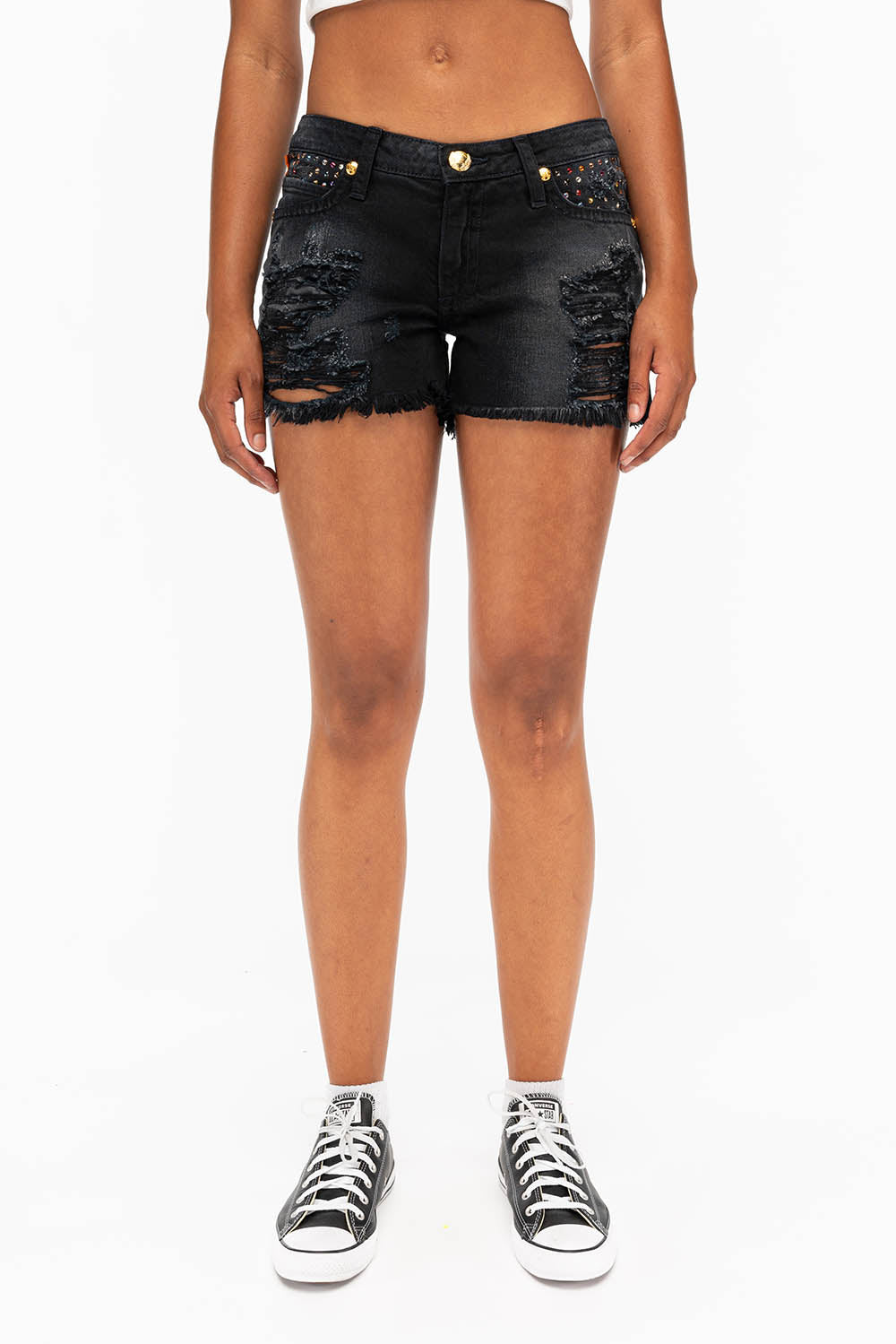 DESTROYED DENIM SHORTS WITH MULITCOLR CRYSTALS IN BLACK