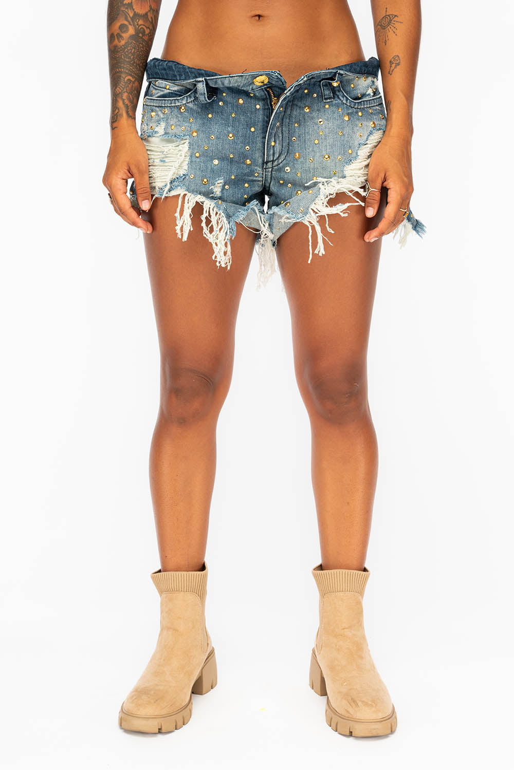 WOMENS RIPPED SHORTS WITH STUDS CRYSTALS