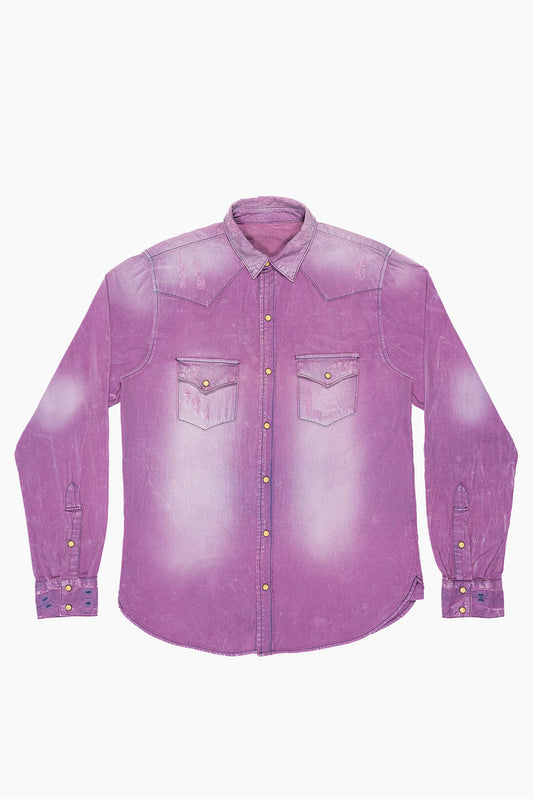 WESTERN NATIVE AMERICAN STYLE MENS DESTROY DENIM SHIRT IN MONTECITO EMBELLISHED WITH CRYSTALS AND STUDS
