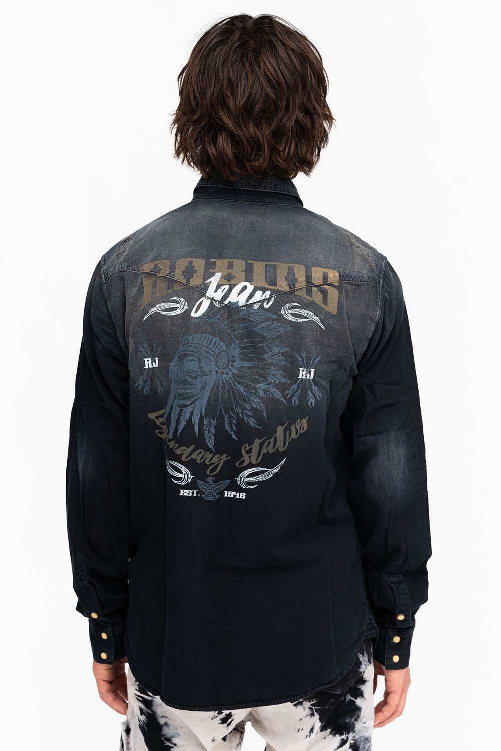 WESTERN NATIVE AMERICAN STYLE MENS DESTROY DENIM SHIRT IN F_ED UP BLACK