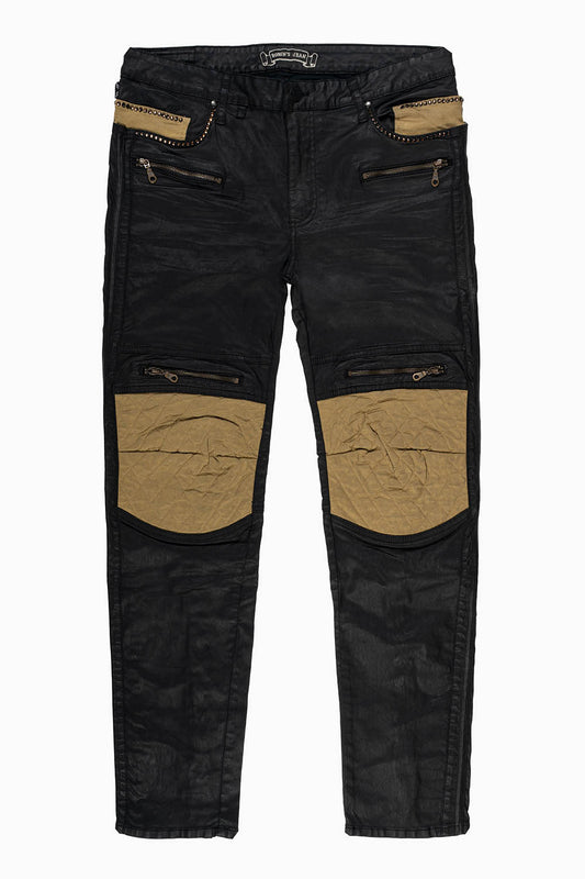 MENS BIKER JEANS IN DY FABRIC IN BLACK WASH WITH CAMEL INSERTS KNEE  EMBELLISHED WITH CRYSTALS