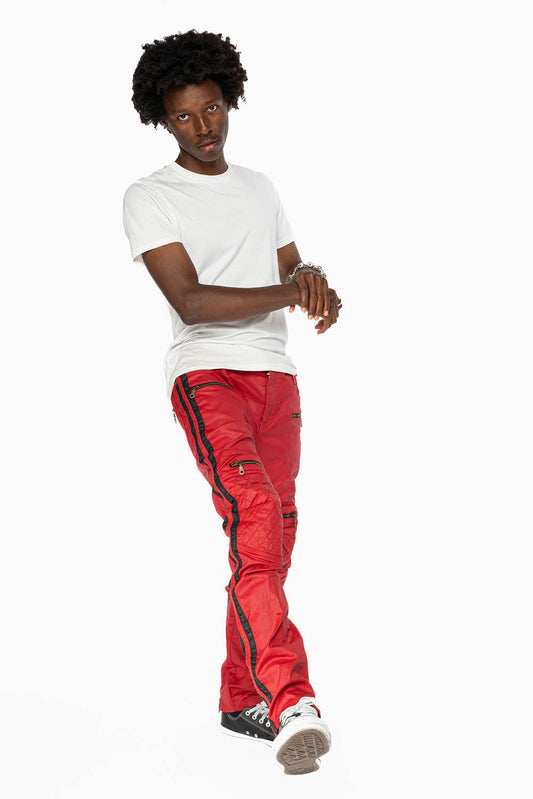 MENS BIKER JEANS IN RED DY FABRIC  WITH BLK STRIPES