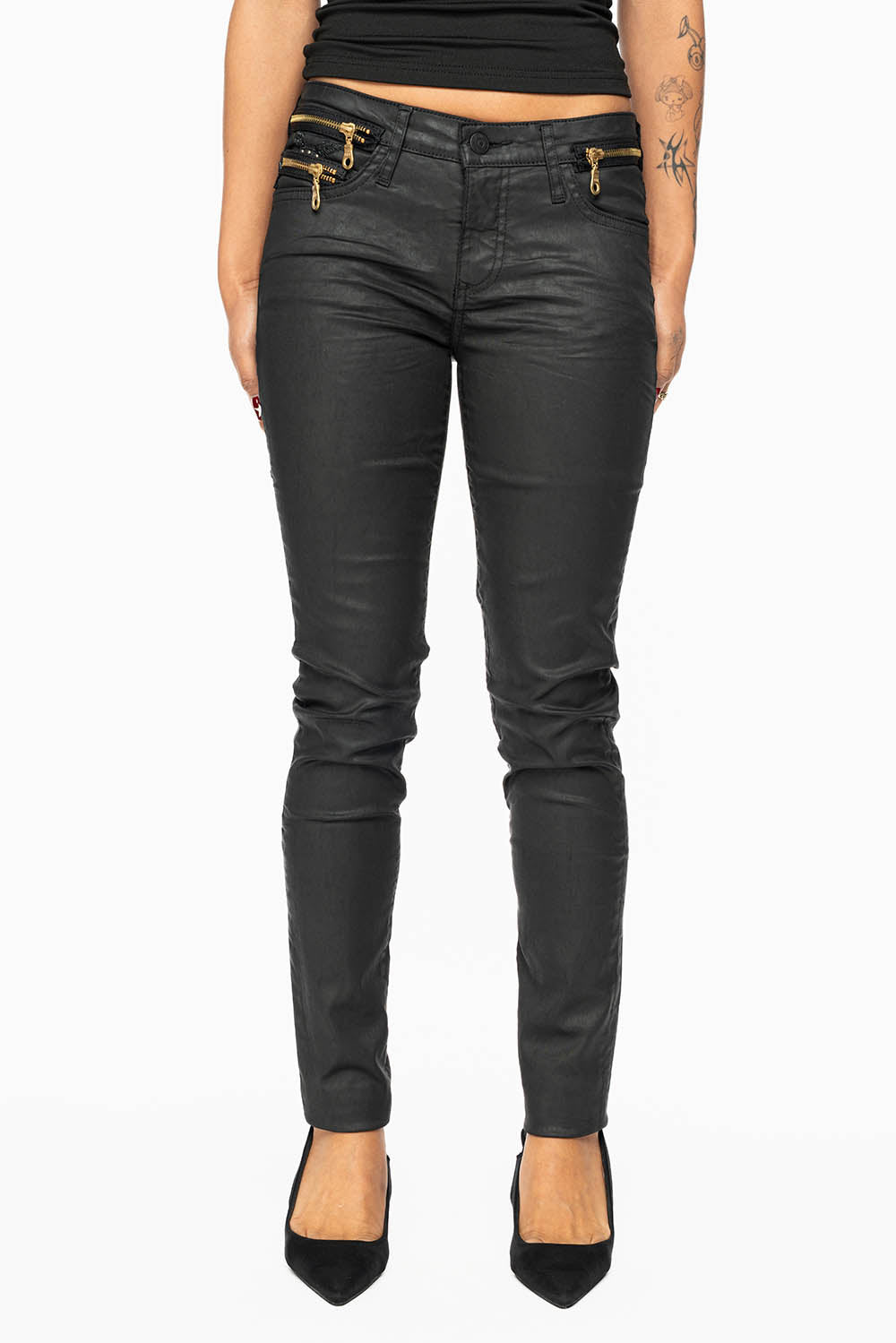 ROBIN’S NEW ZIPPER SKINNY JEANS IN DY BLACK WITH TONAL EMBROIDERY