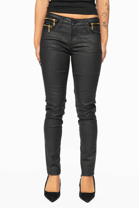 ROBIN’S NEW ZIPPER SKINNY JEANS IN DY BLACK WITH TONAL EMBROIDERY