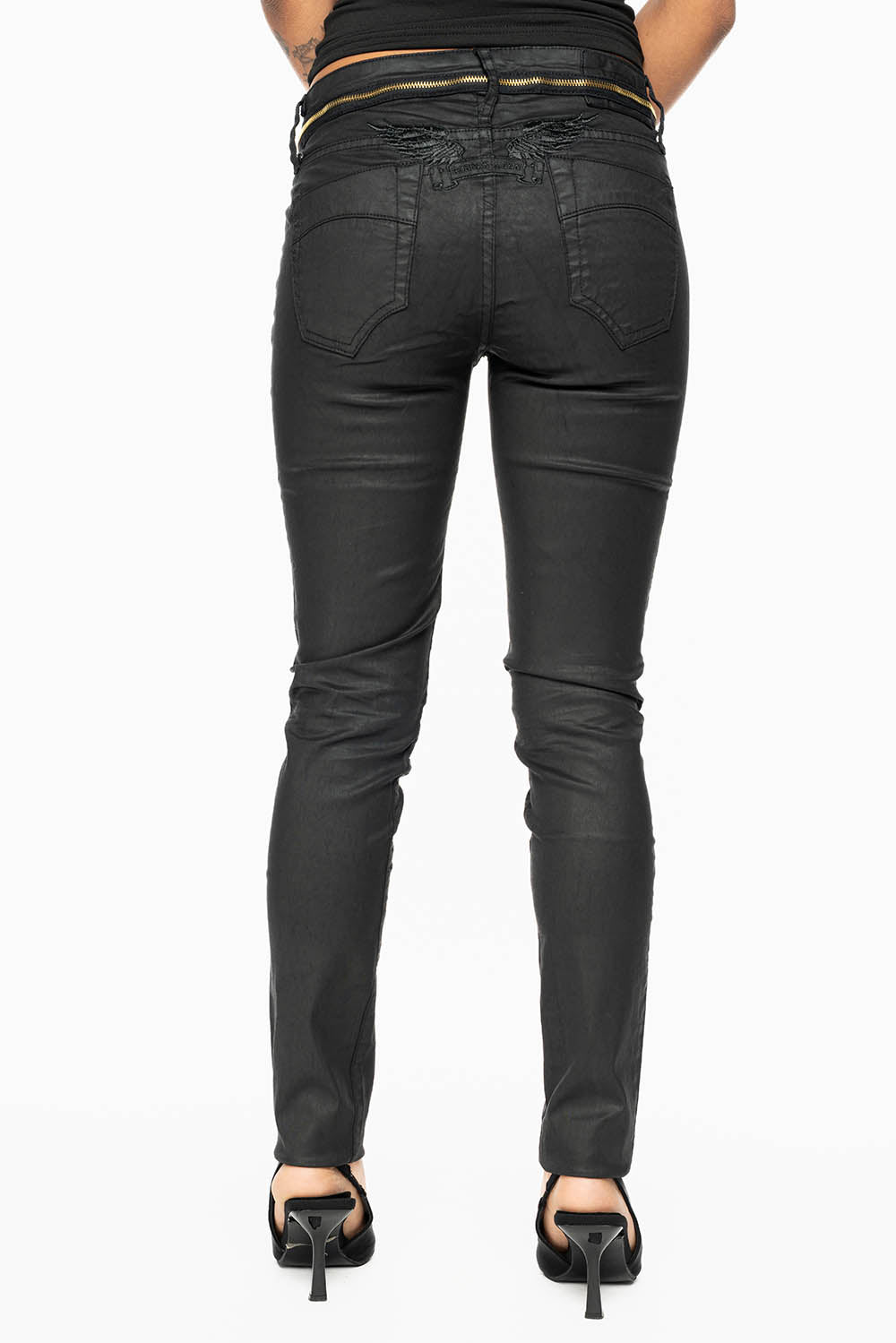 ROBIN’S NEW ZIPPER SKINNY JEANS IN DY BLACK WITH TONAL EMBROIDERY