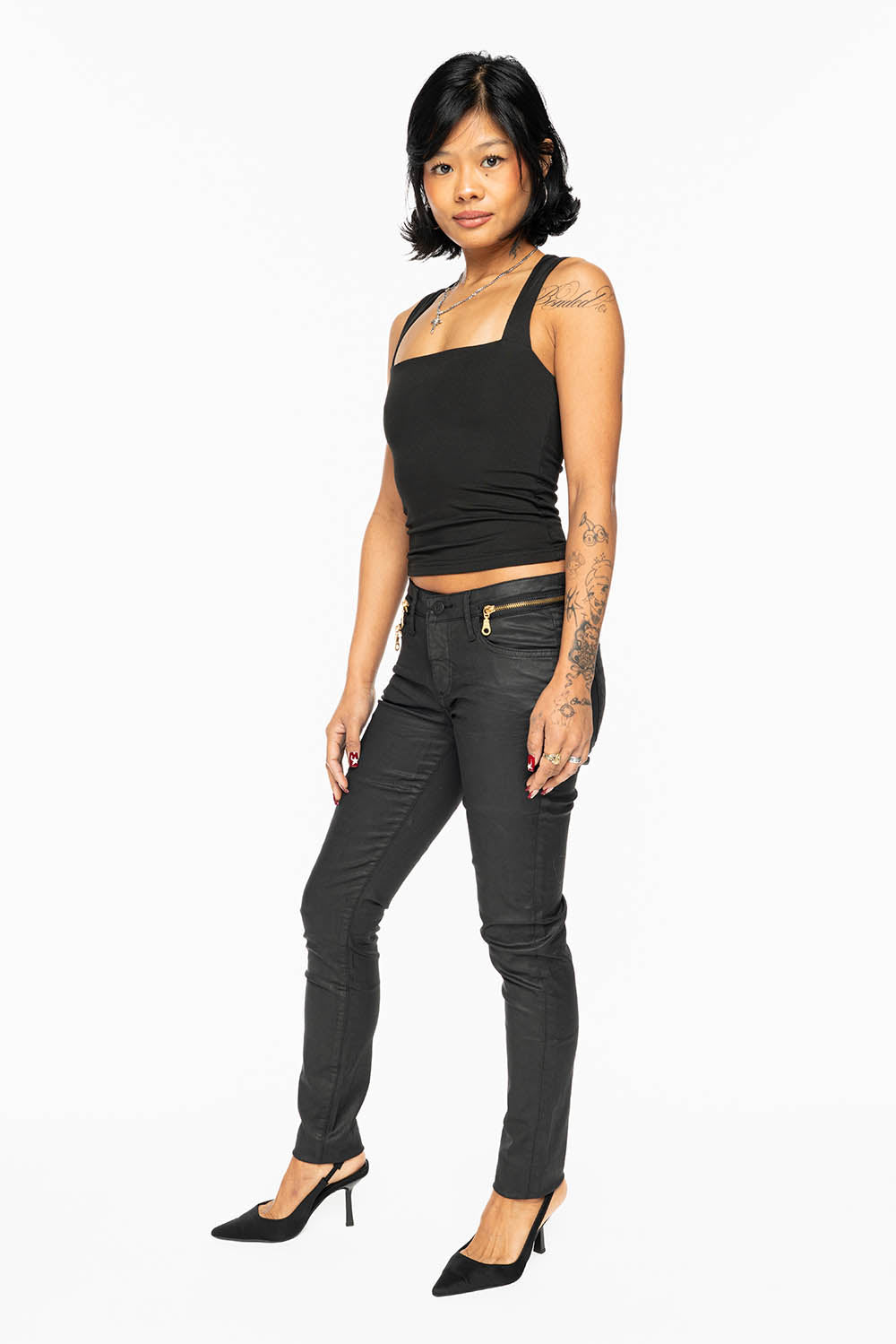 ROBIN’S NEW ZIPPER SKINNY JEANS IN DY BLACK WITH TONAL EMBROIDERY