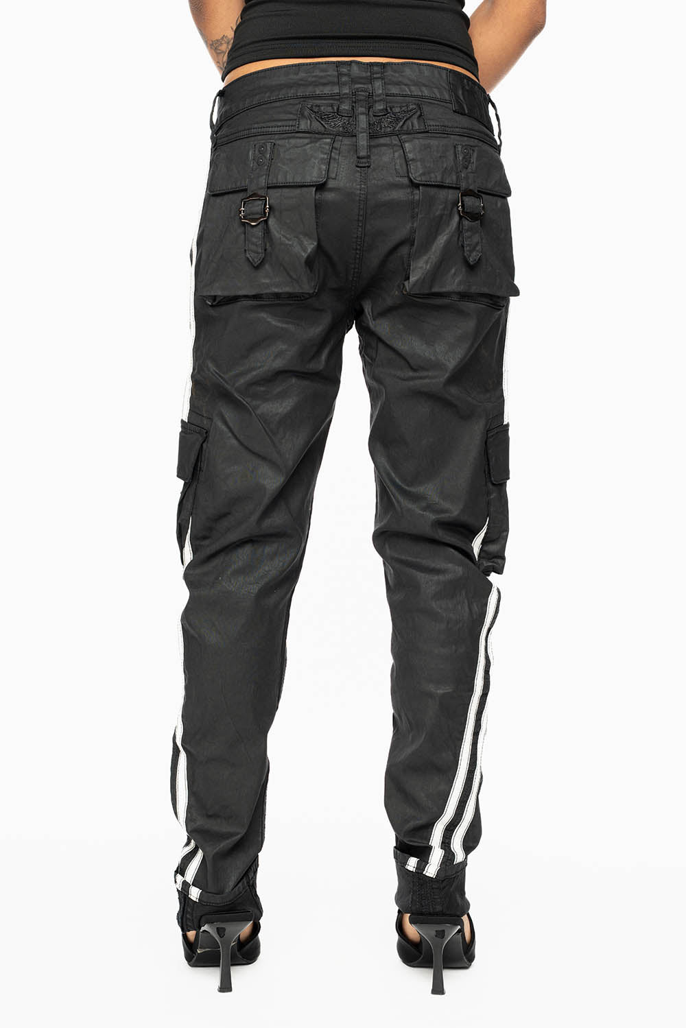 PREDATOR WOMENS SPORTY CARGO PANTS IN DY BLACK WITH TONAL EMBROIDERY AND SIDE STRIPE