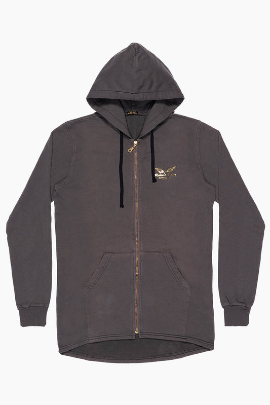 MENS LONG LENGTH PULLOVER HOODIE IN CHARCOAL