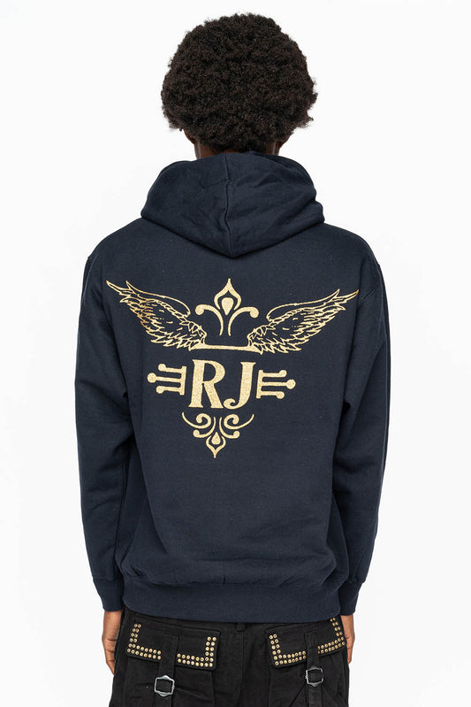 PULLOVER HOODIE IN NAVY  WITH GOLD GLITTER FLEUR