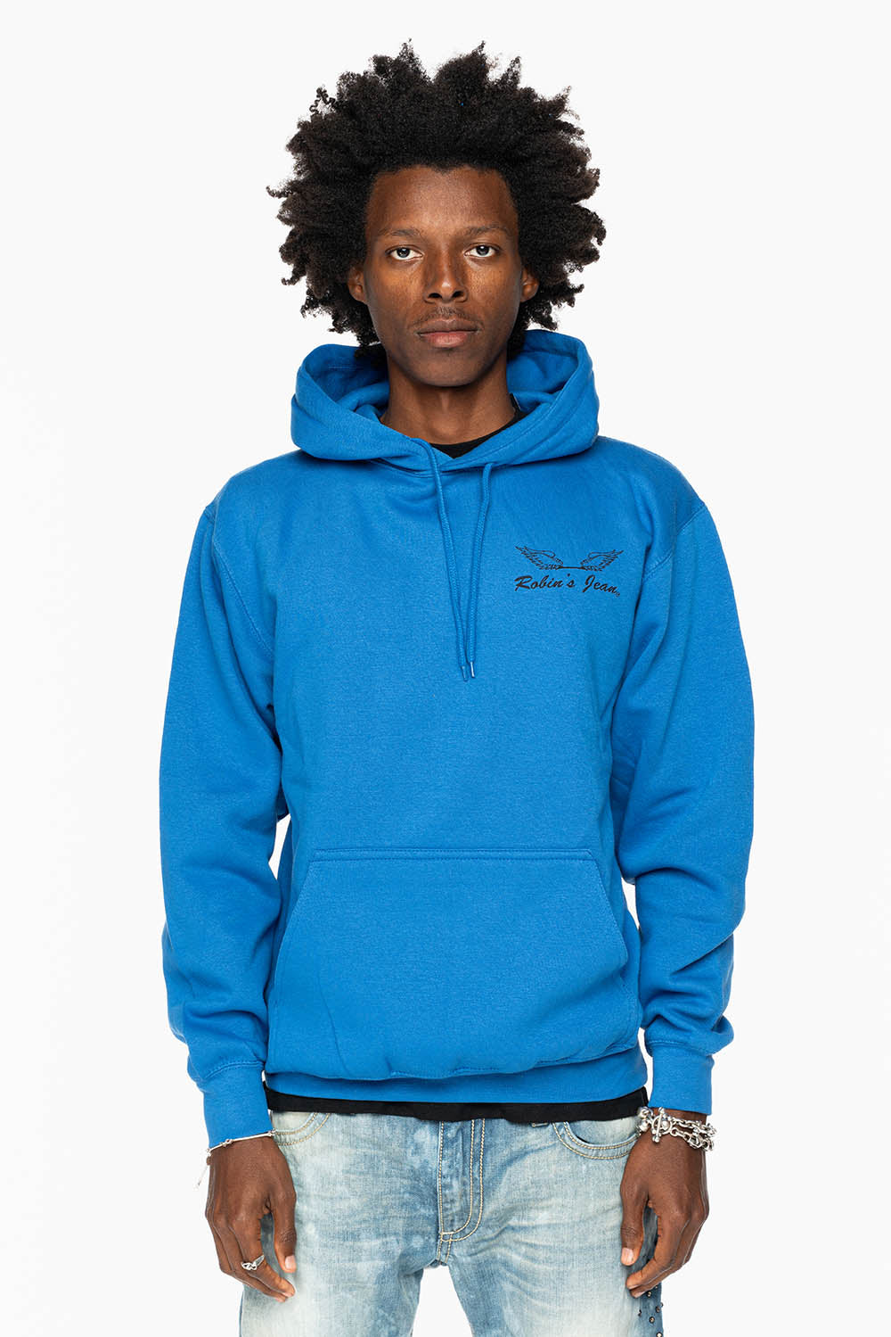 ROBIN’S JEAN PULLOVER HOODIE IN ROYAL BLUE WITH  BLACK WING PRINT