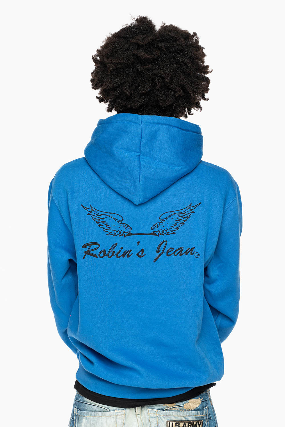 ROBIN’S JEAN PULLOVER HOODIE IN ROYAL BLUE WITH  BLACK WING PRINT