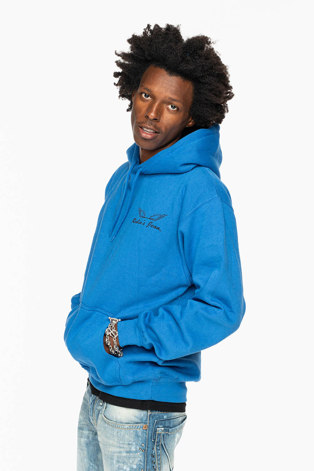 ROBIN’S JEAN PULLOVER HOODIE IN ROYAL BLUE WITH  BLACK WING PRINT