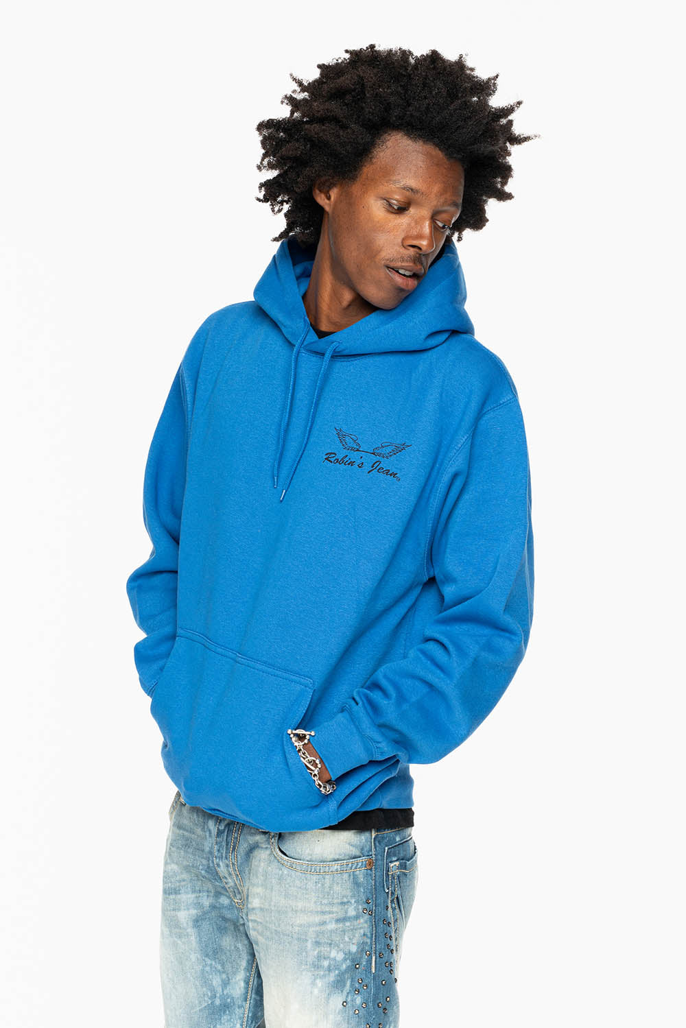 ROBIN’S JEAN PULLOVER HOODIE IN ROYAL BLUE WITH  BLACK WING PRINT