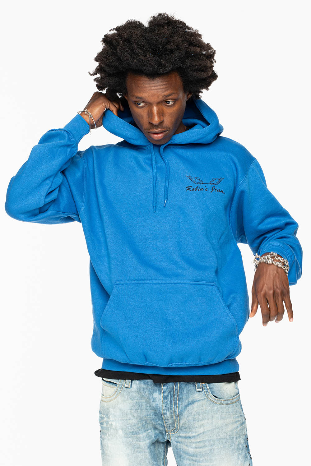 ROBIN’S JEAN PULLOVER HOODIE IN ROYAL BLUE WITH  BLACK WING PRINT