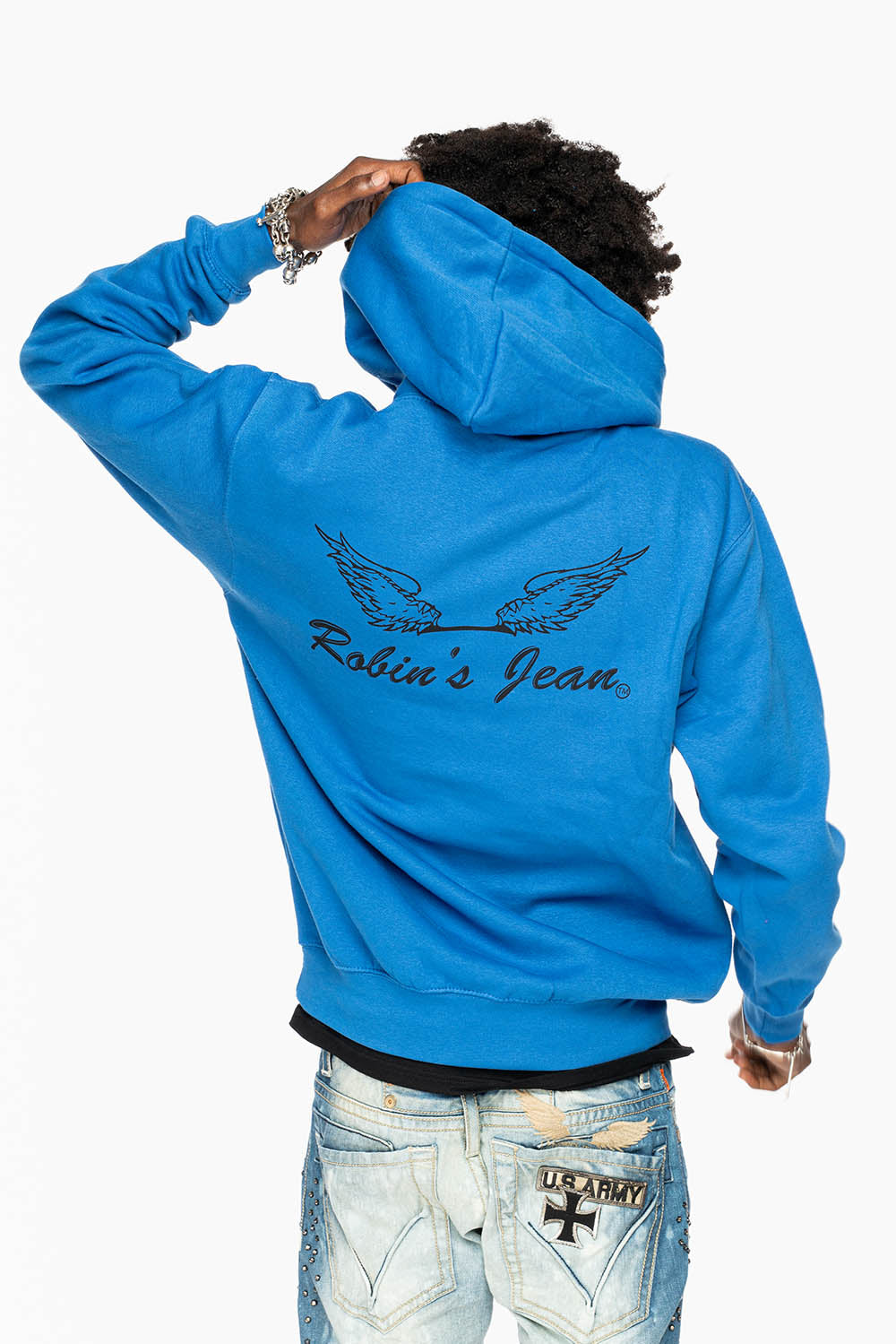 ROBIN’S JEAN PULLOVER HOODIE IN ROYAL BLUE WITH  BLACK WING PRINT