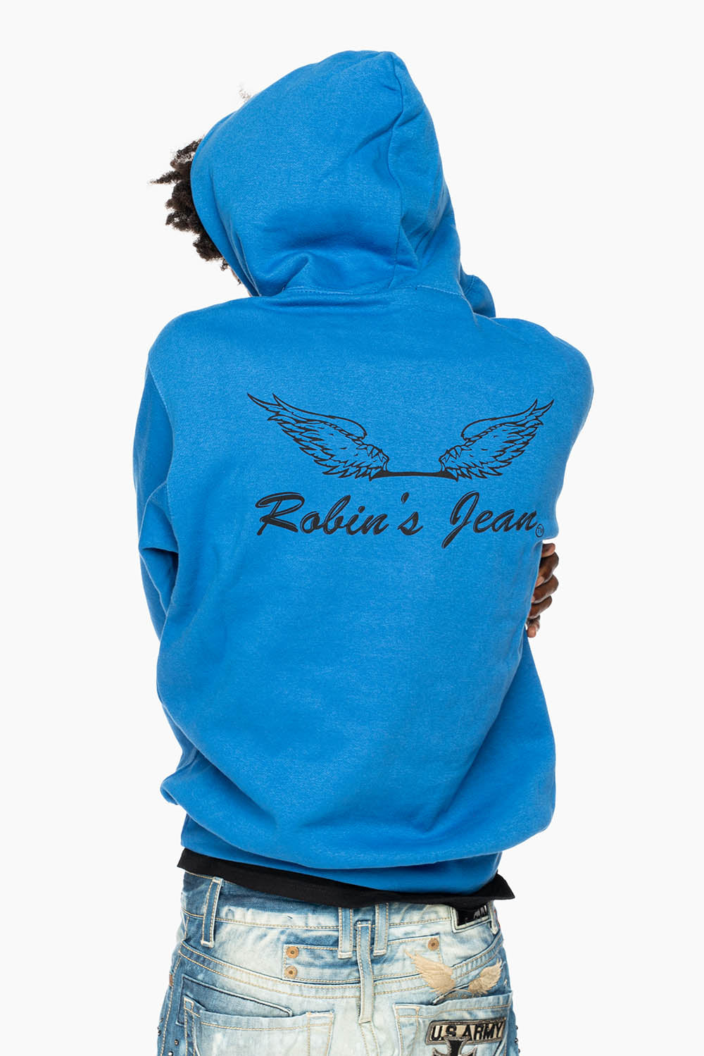 ROBIN’S JEAN PULLOVER HOODIE IN ROYAL BLUE WITH  BLACK WING PRINT