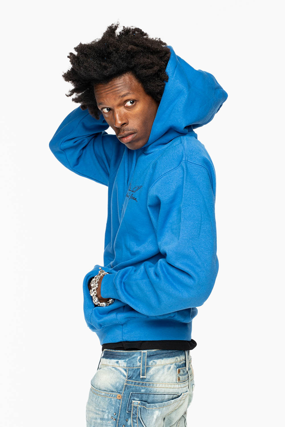 ROBIN’S JEAN PULLOVER HOODIE IN ROYAL BLUE WITH  BLACK WING PRINT