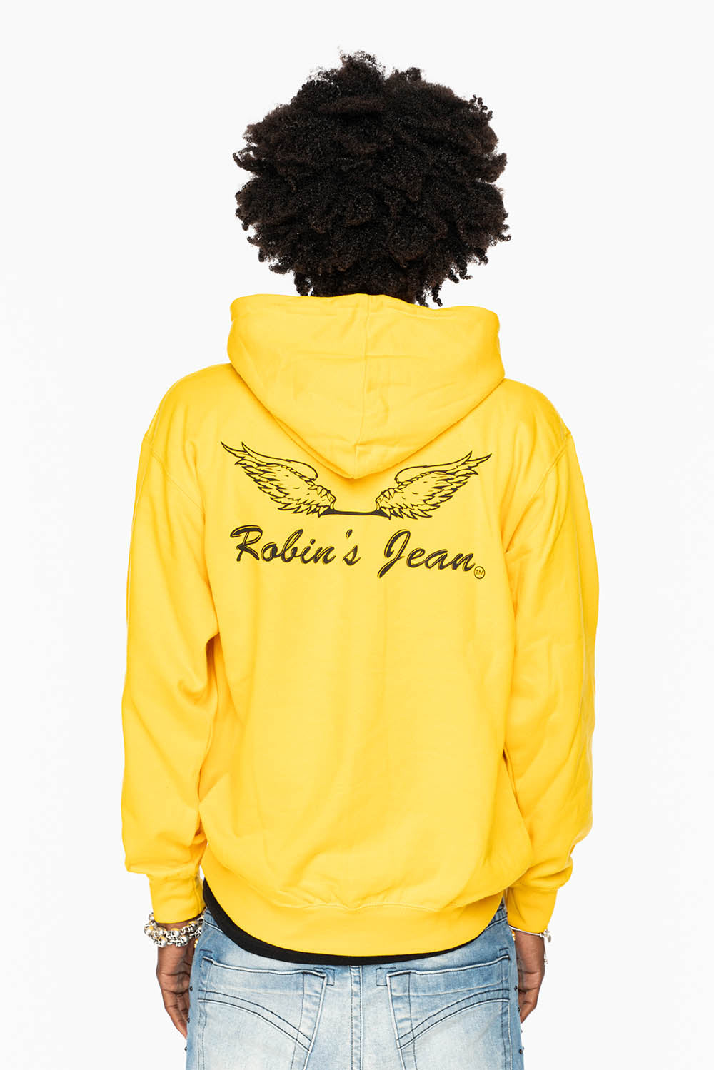 ROBIN’S JEAN PULLOVER HOODIE IN YELLOW WITH  BLACK WING PRINT