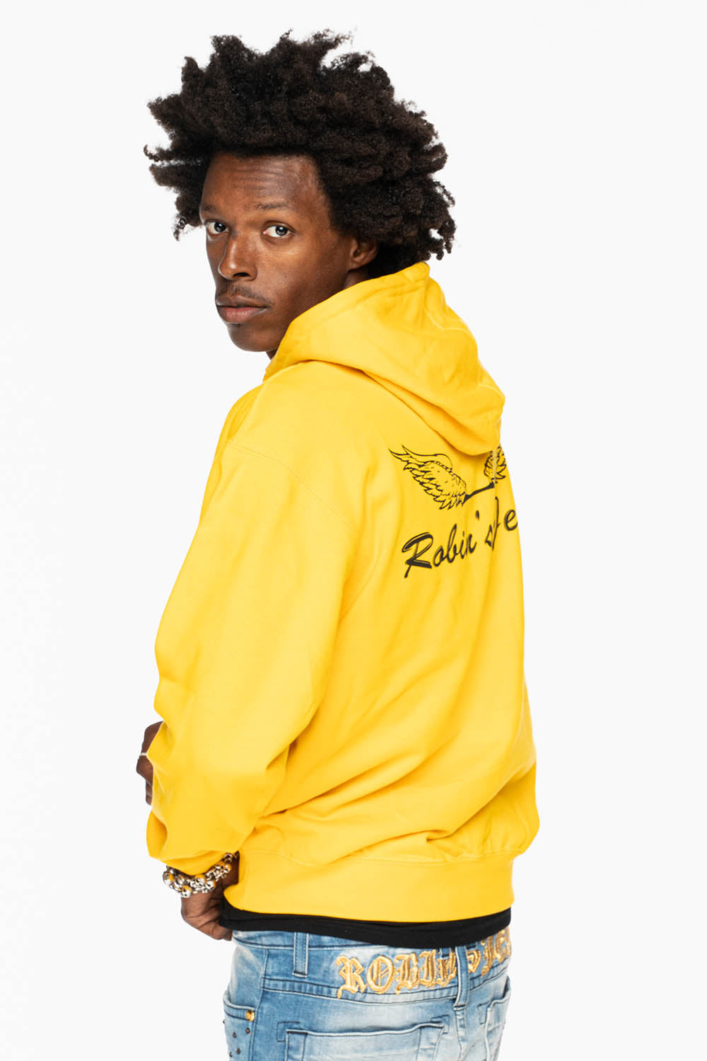 ROBIN’S JEAN PULLOVER HOODIE IN YELLOW WITH  BLACK WING PRINT