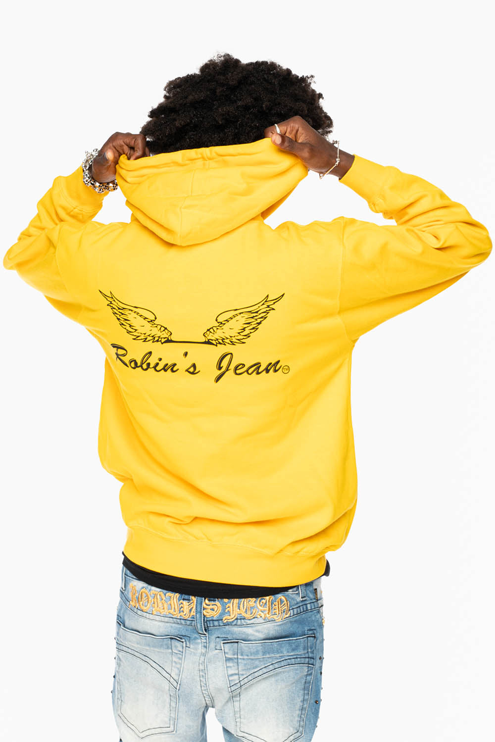 ROBIN’S JEAN PULLOVER HOODIE IN YELLOW WITH  BLACK WING PRINT