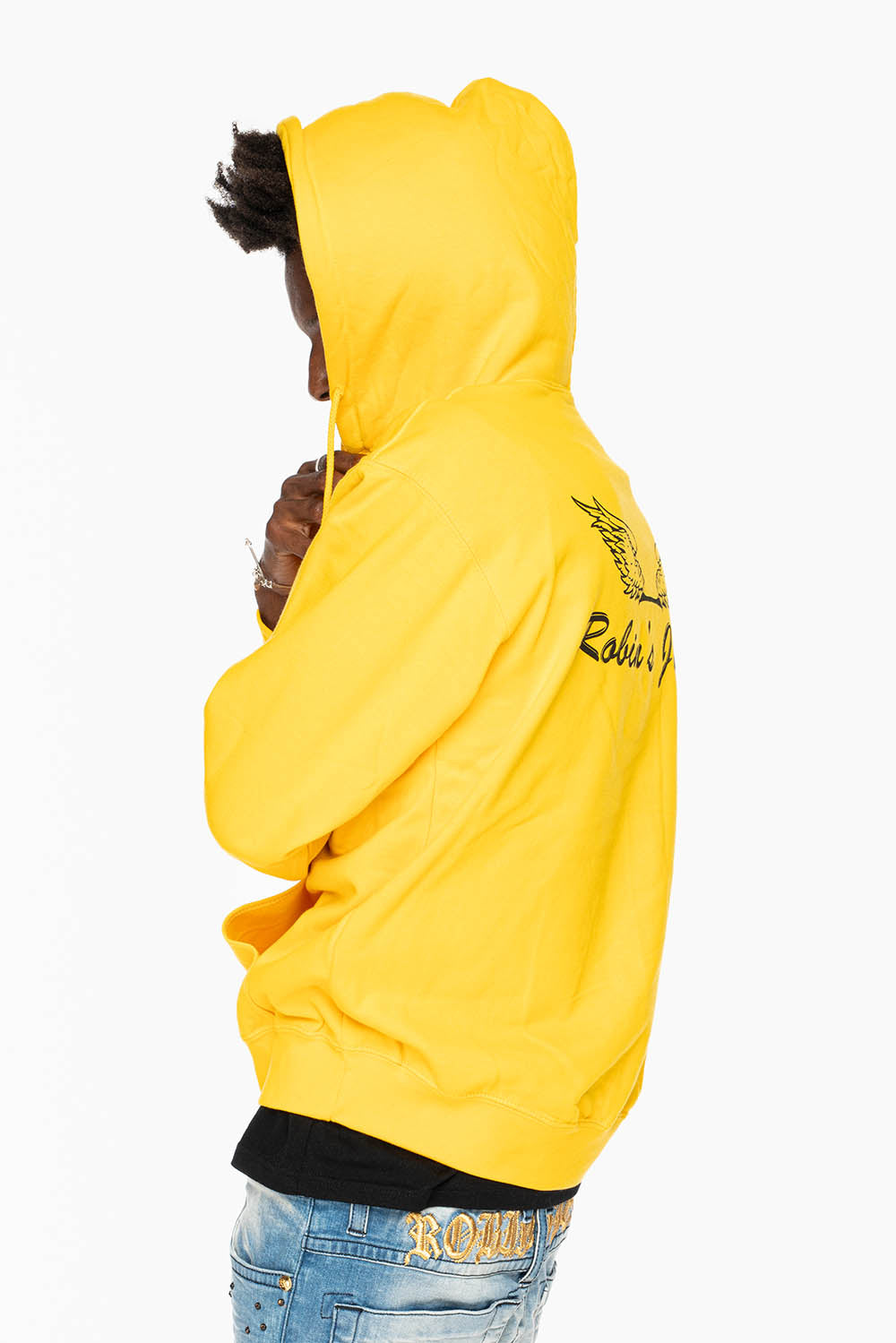 ROBIN’S JEAN PULLOVER HOODIE IN YELLOW WITH  BLACK WING PRINT