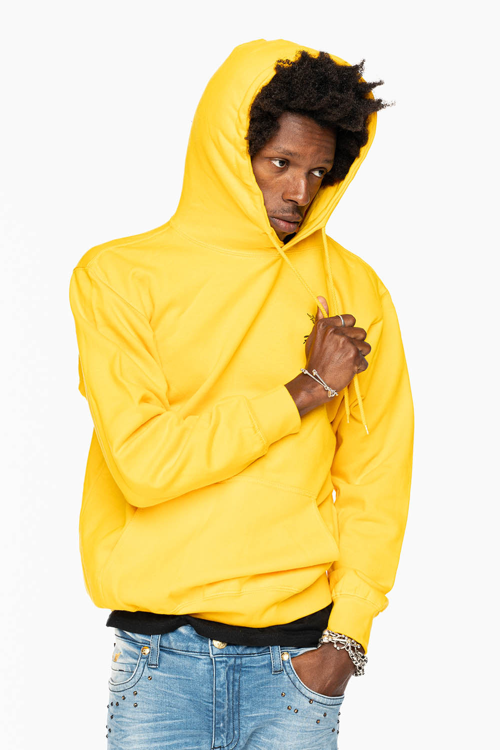 ROBIN’S JEAN PULLOVER HOODIE IN YELLOW WITH  BLACK WING PRINT