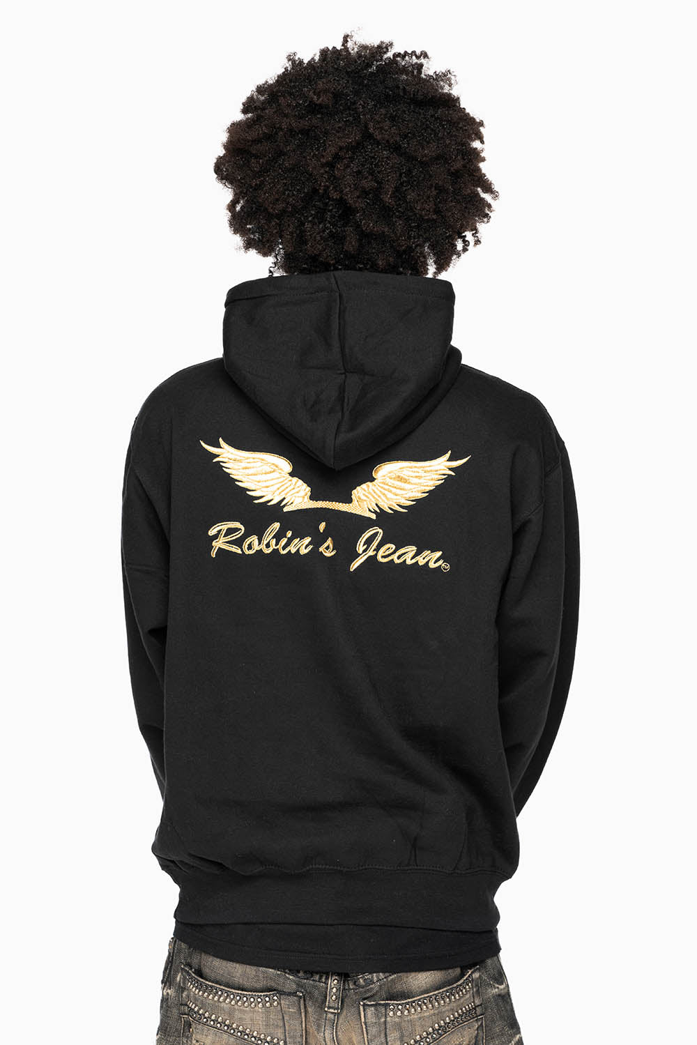 ROBIN’S JEAN PULLOVER HOODIE IN BLACK WITH GOLD WINGS EMBROIDERY