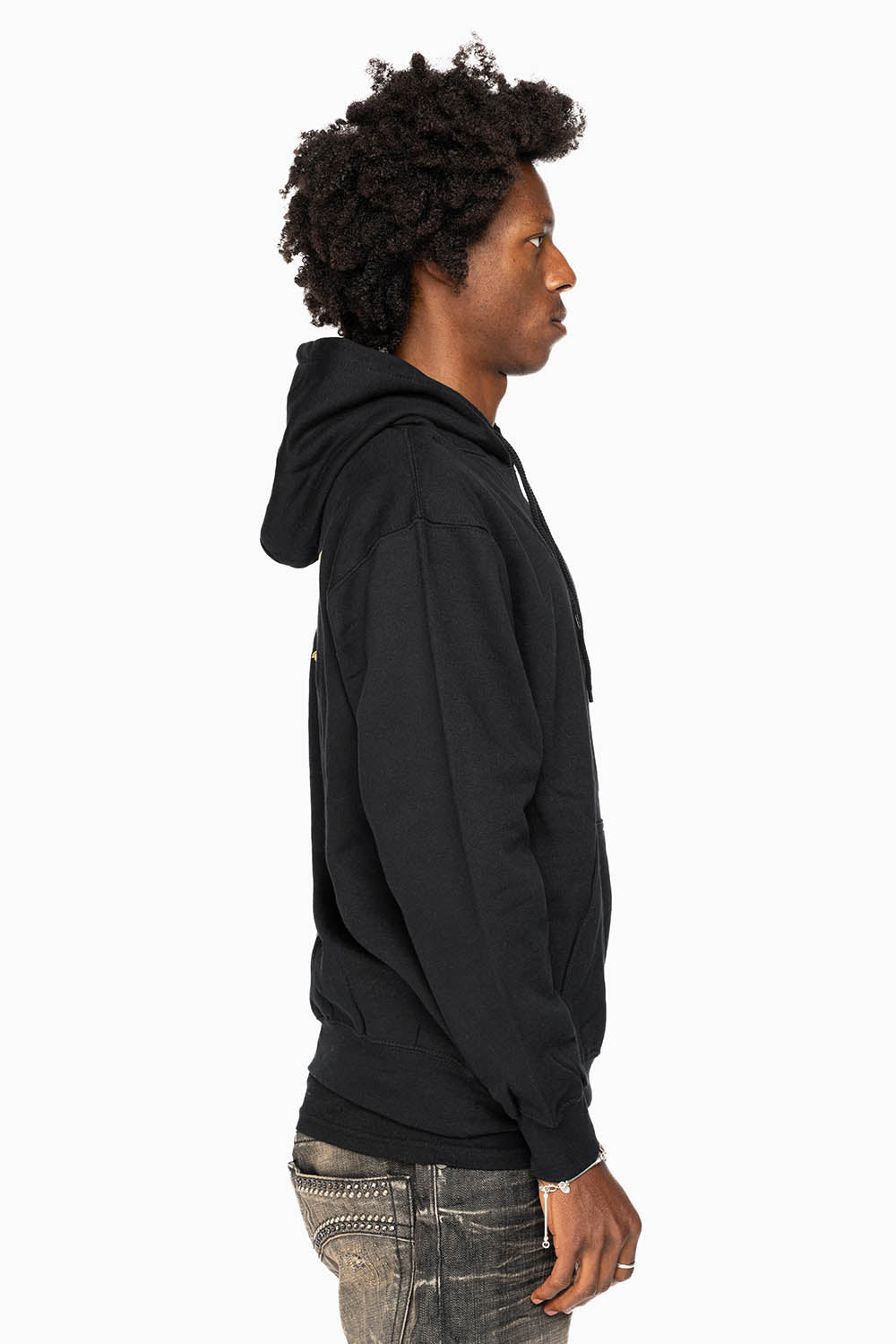 ROBIN’S JEAN PULLOVER HOODIE IN BLACK WITH GOLD WINGS EMBROIDERY