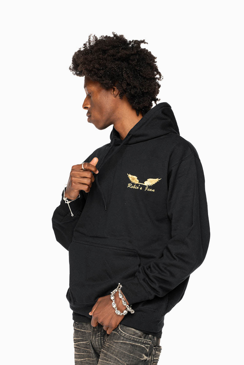 ROBIN’S JEAN PULLOVER HOODIE IN BLACK WITH GOLD WINGS EMBROIDERY