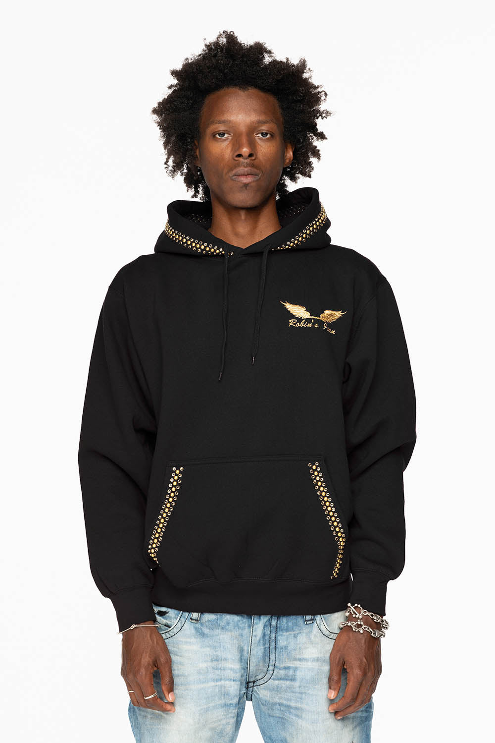 ROBIN’S JEAN PULLOVER HOODIE IN BLACK EMBELLISHED WITH CRYSTALS AND NAILHEADS