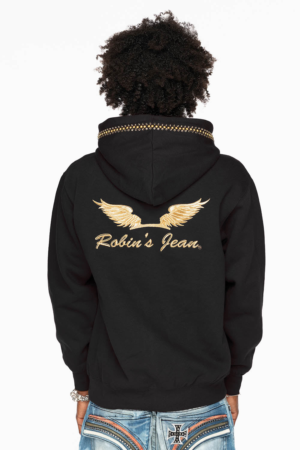 ROBIN’S JEAN PULLOVER HOODIE IN BLACK EMBELLISHED WITH CRYSTALS AND NAILHEADS