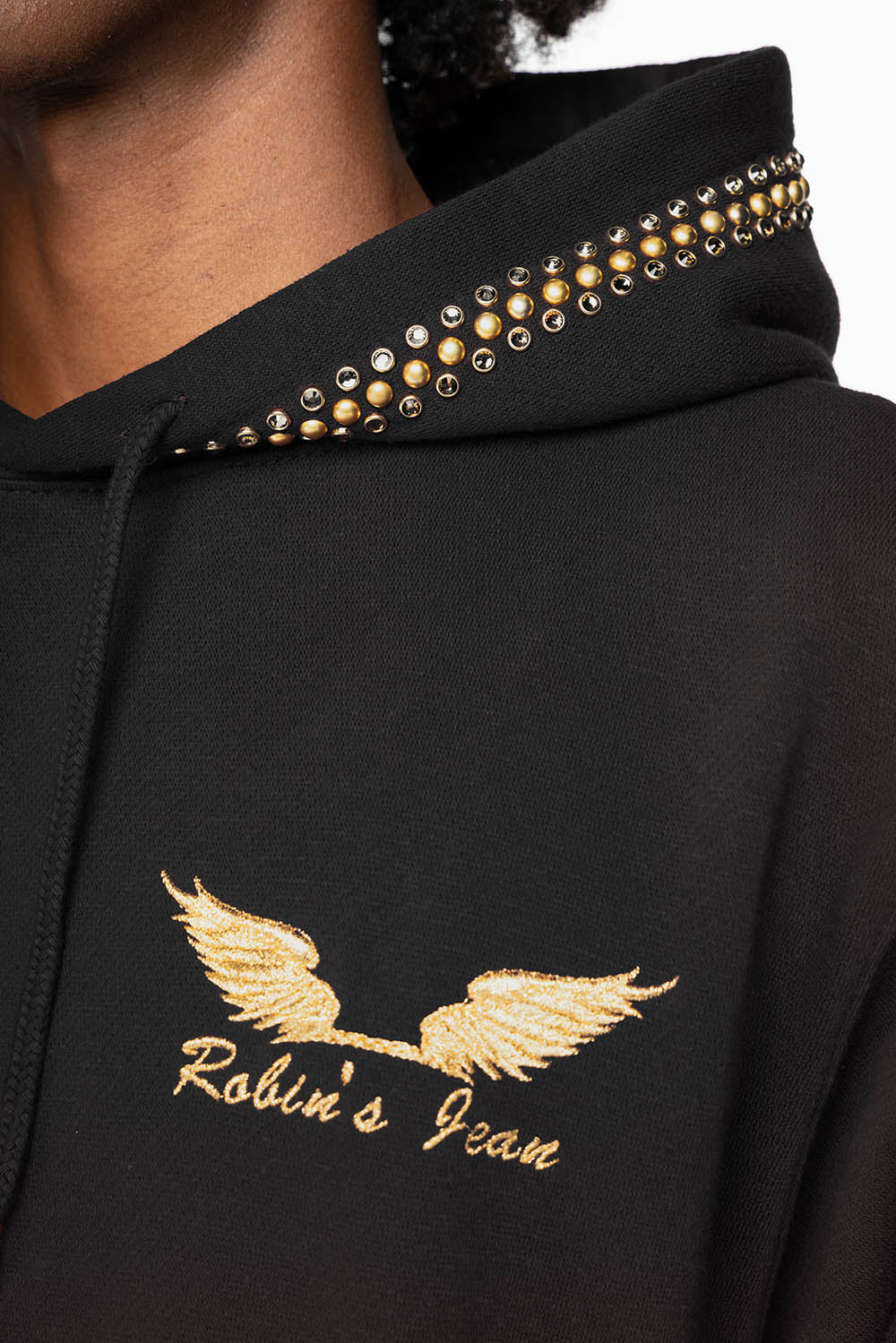 ROBIN’S JEAN PULLOVER HOODIE IN BLACK EMBELLISHED WITH CRYSTALS AND NAILHEADS