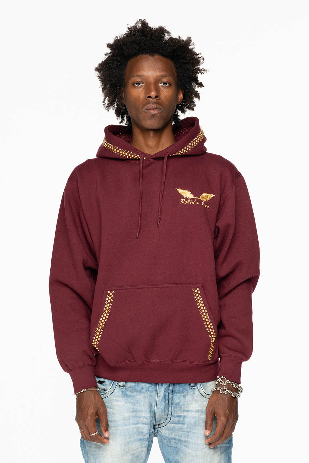 ROBIN’S JEAN PULLOVER HOODIE IN BURGUNDY EMBELLISHED WITH  CRYSTALS  AND NAILHEADS