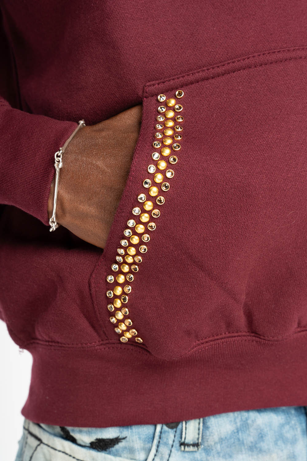 ROBIN’S JEAN PULLOVER HOODIE IN BURGUNDY EMBELLISHED WITH  CRYSTALS  AND NAILHEADS