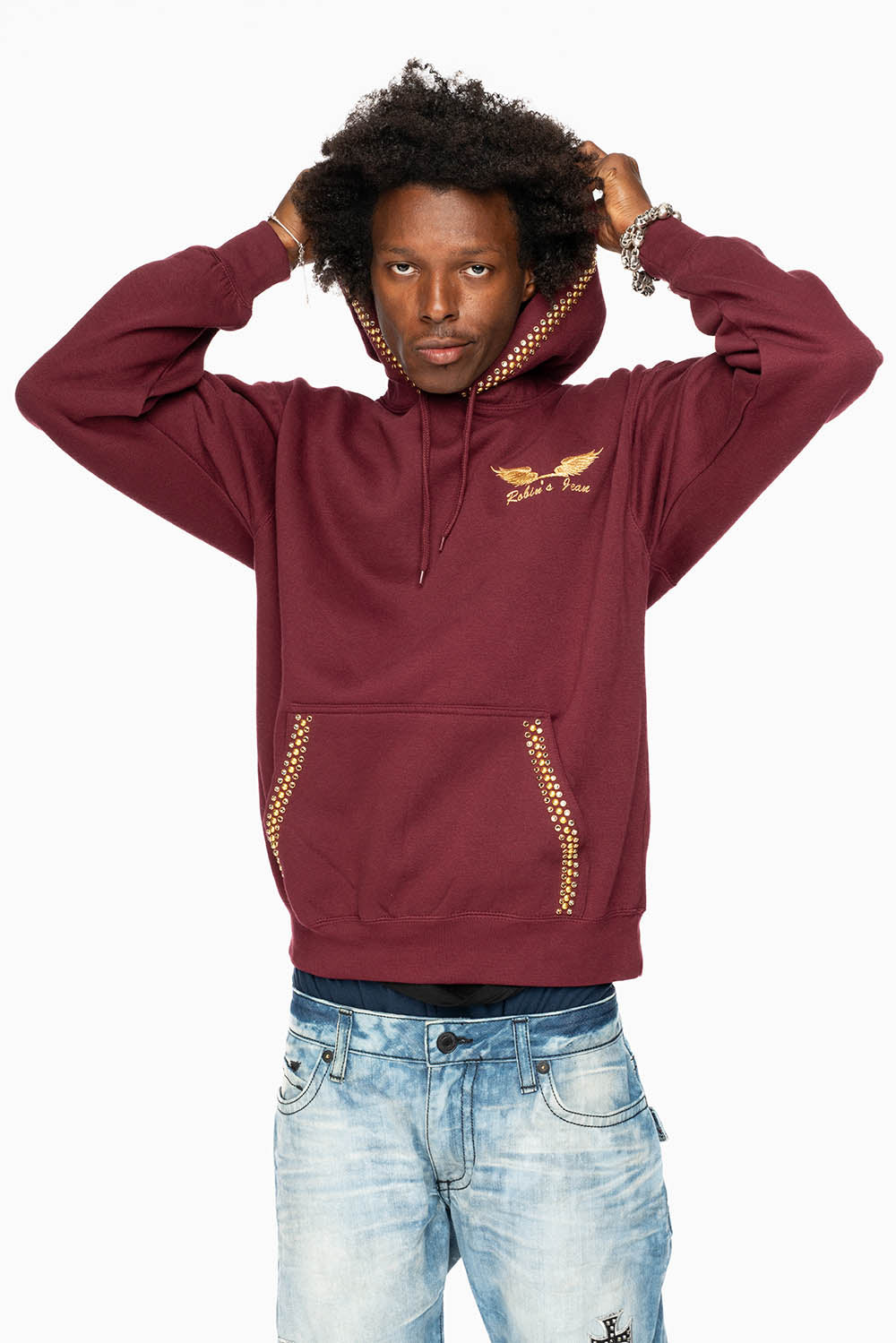 ROBIN’S JEAN PULLOVER HOODIE IN BURGUNDY EMBELLISHED WITH  CRYSTALS  AND NAILHEADS