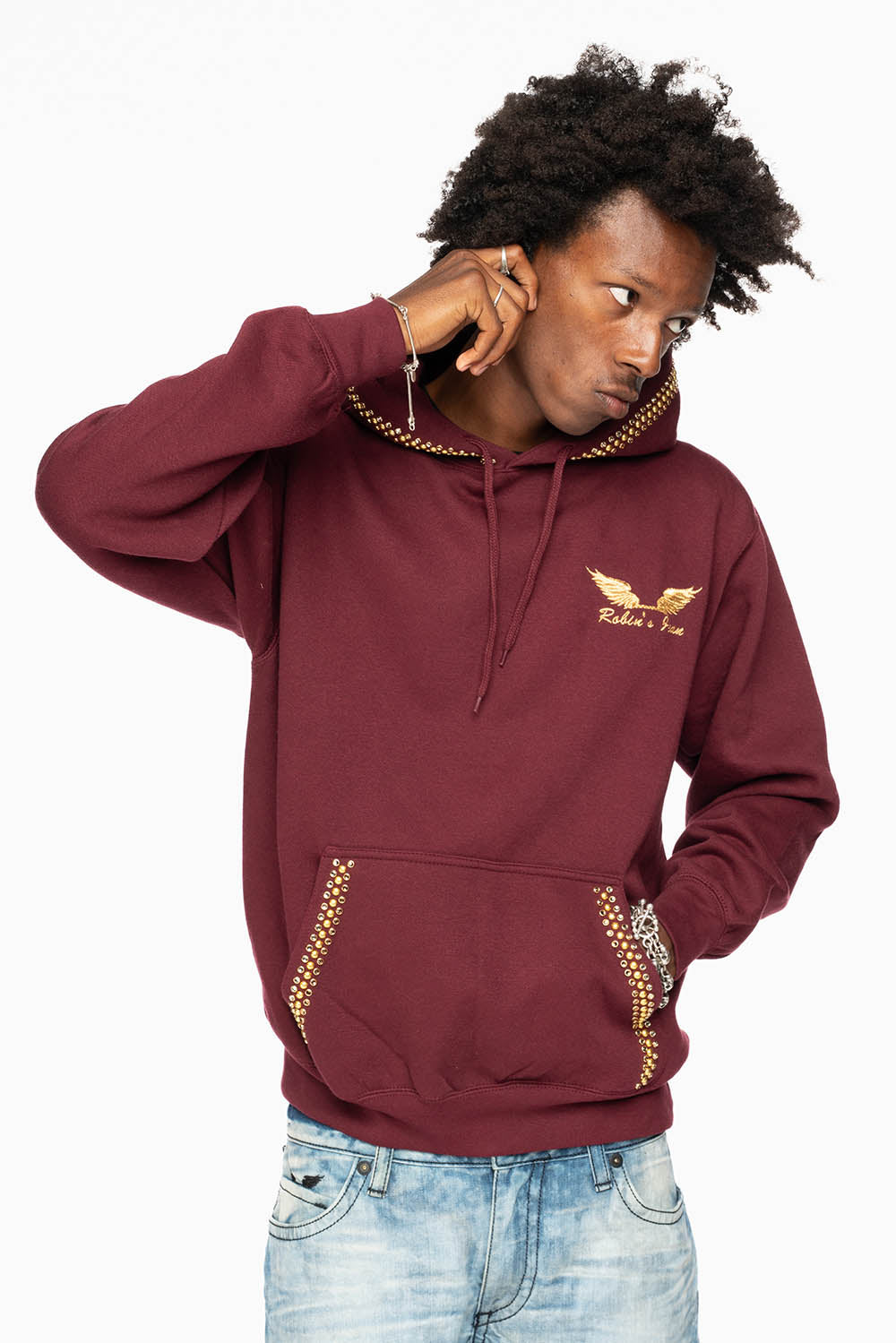 ROBIN’S JEAN PULLOVER HOODIE IN BURGUNDY EMBELLISHED WITH  CRYSTALS  AND NAILHEADS