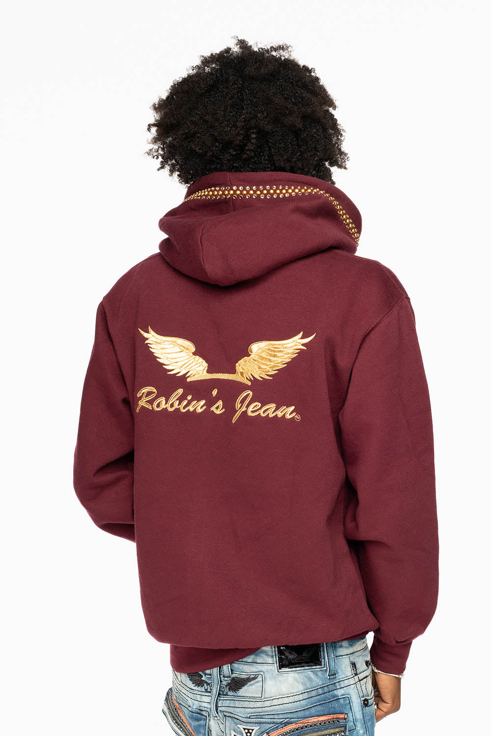 ROBIN’S JEAN PULLOVER HOODIE IN BURGUNDY EMBELLISHED WITH  CRYSTALS  AND NAILHEADS