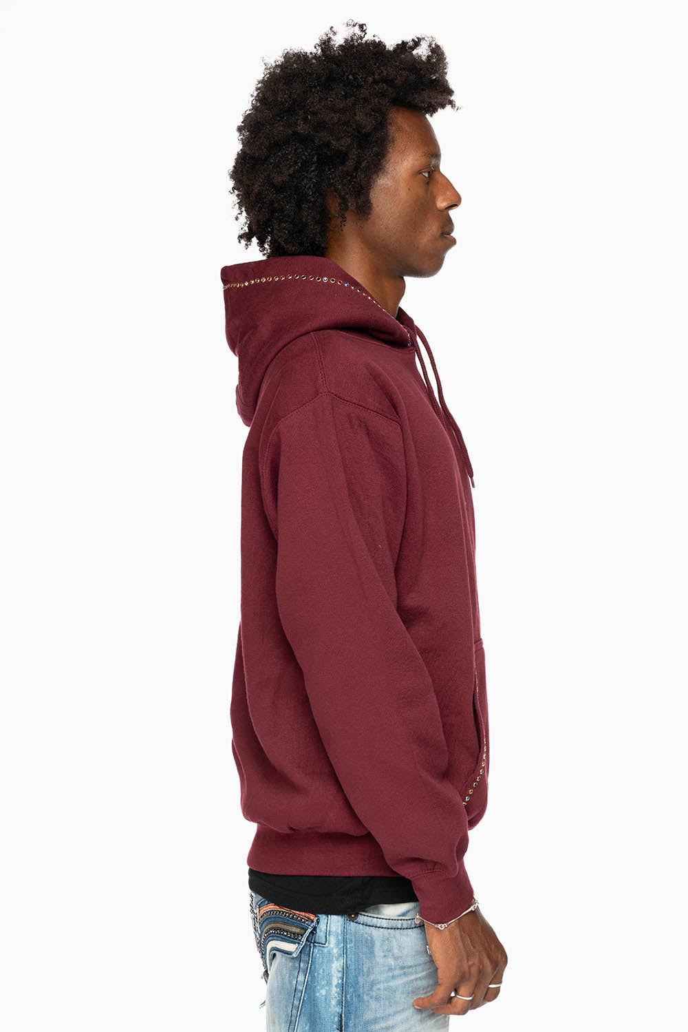 ROBIN’S JEAN PULLOVER HOODIE IN BURGUNDY EMBELLISHED WITH MULTI-COLOR CRYSTALS