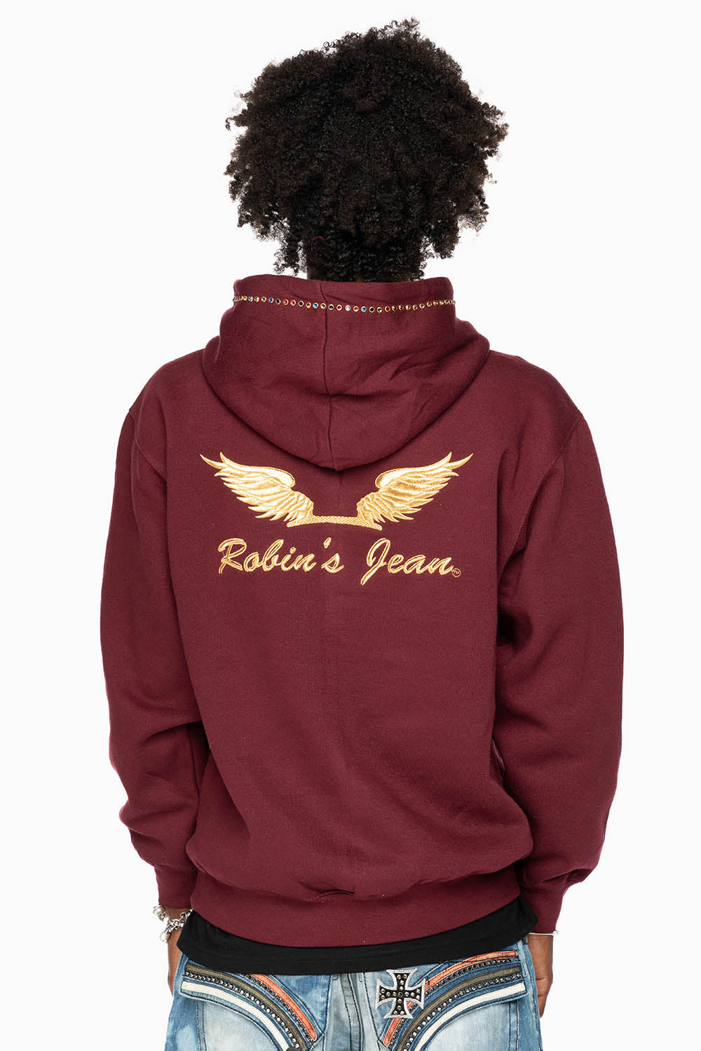ROBIN’S JEAN PULLOVER HOODIE IN BURGUNDY EMBELLISHED WITH MULTI-COLOR CRYSTALS
