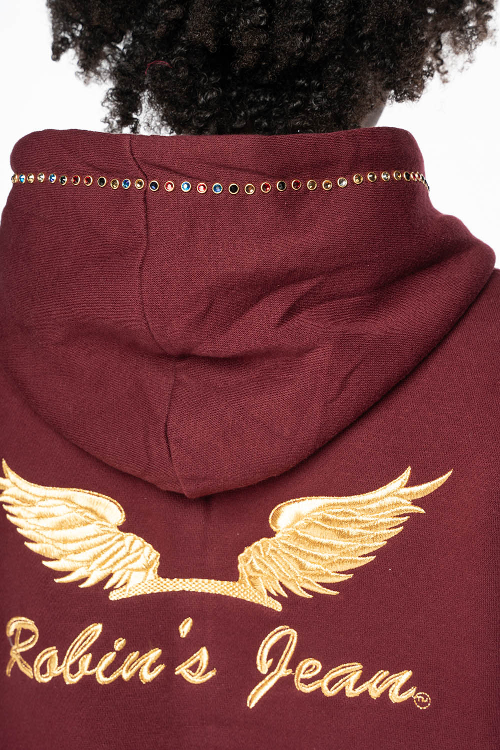 ROBIN’S JEAN PULLOVER HOODIE IN BURGUNDY EMBELLISHED WITH MULTI-COLOR CRYSTALS
