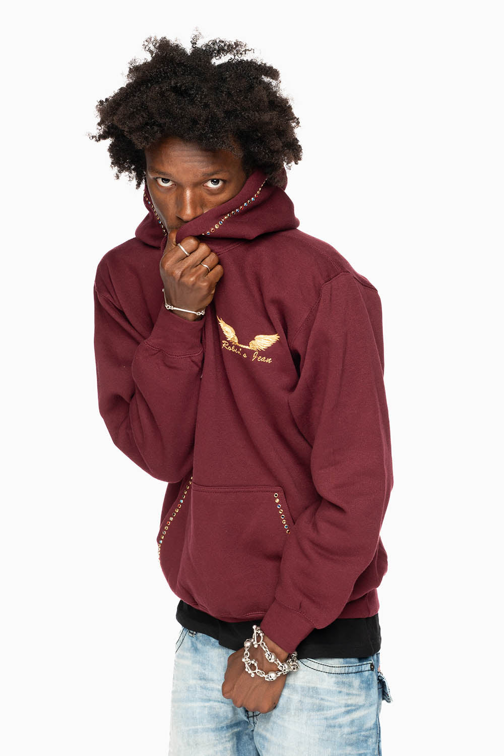 ROBIN’S JEAN PULLOVER HOODIE IN BURGUNDY EMBELLISHED WITH MULTI-COLOR CRYSTALS