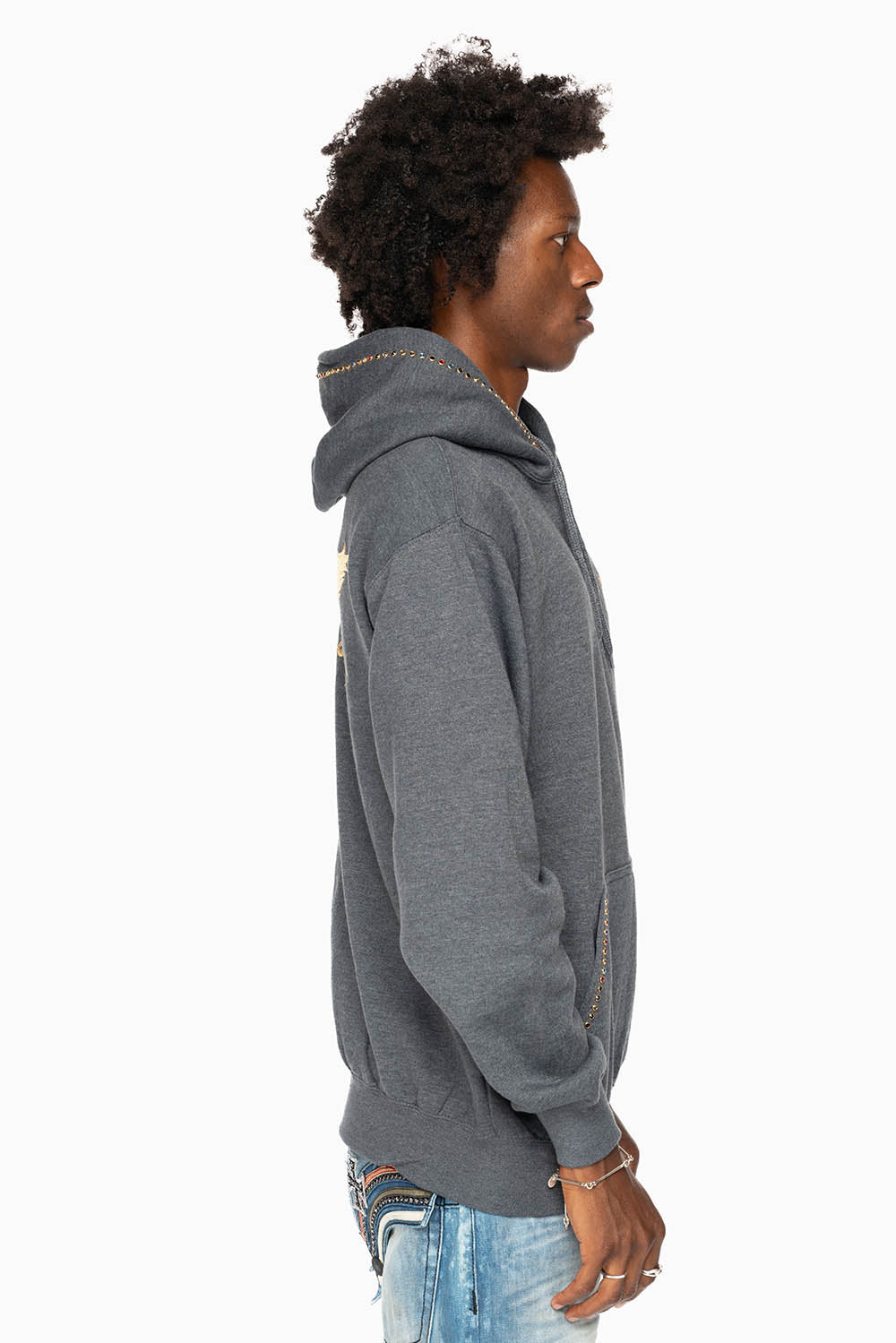 ROBIN’S JEAN PULLOVER HOODIE IN DARK HEATHER EMBELLISHED WITH MULTI-COLOR CRYSTALS