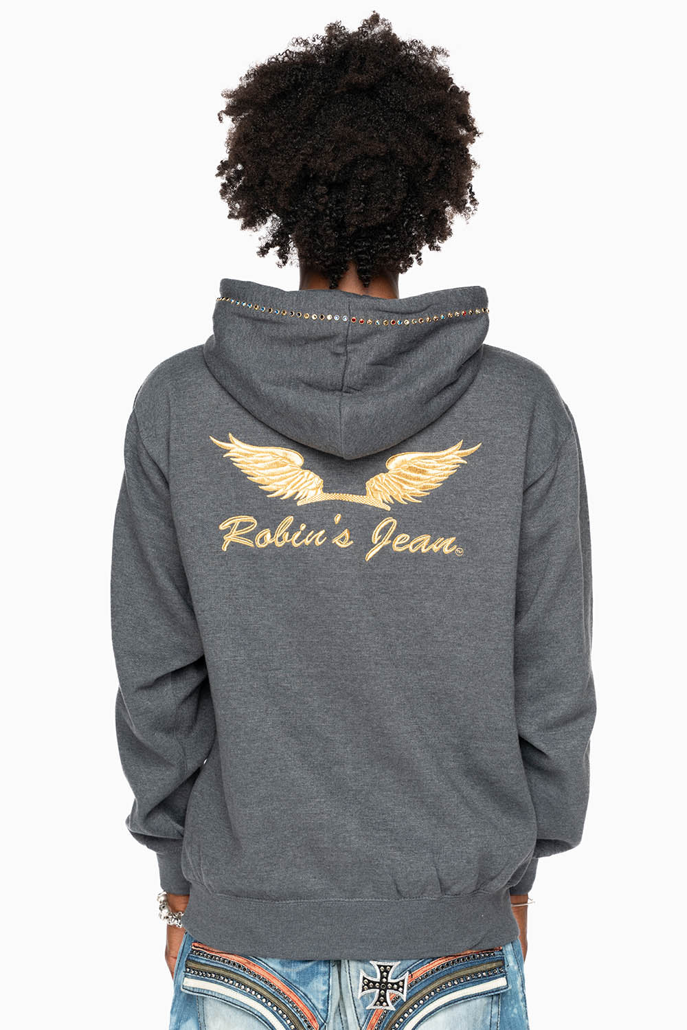 ROBIN’S JEAN PULLOVER HOODIE IN DARK HEATHER EMBELLISHED WITH MULTI-COLOR CRYSTALS