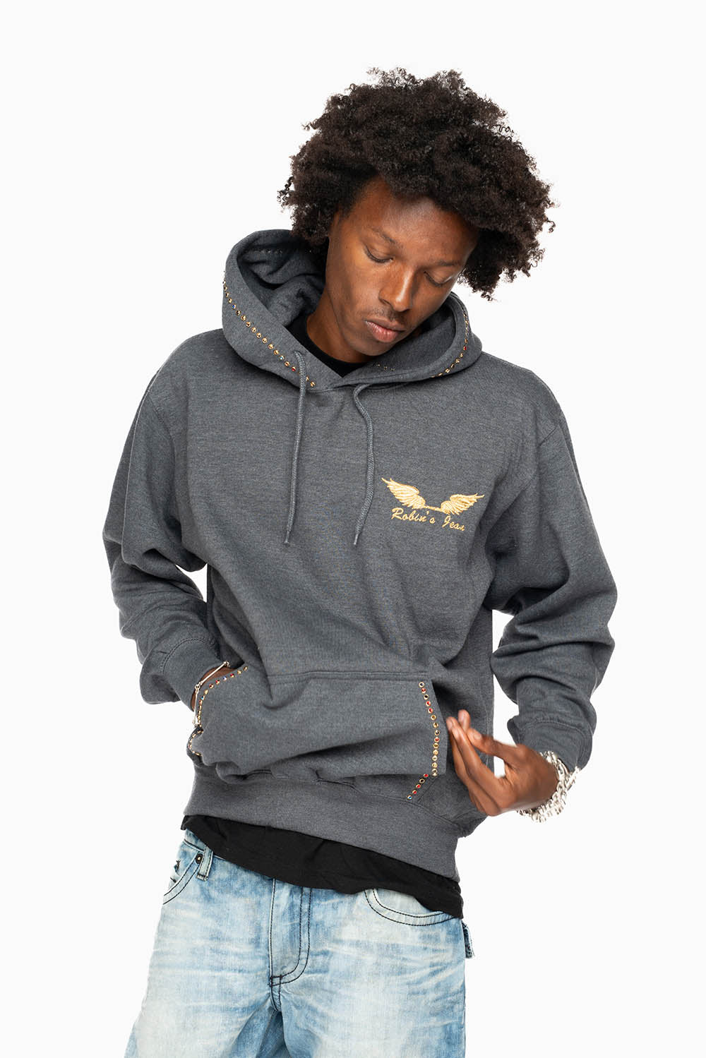 ROBIN’S JEAN PULLOVER HOODIE IN DARK HEATHER EMBELLISHED WITH MULTI-COLOR CRYSTALS